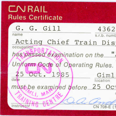 Canadian National Rules Certificate: Uniform Code of Operating Rules: George Gill