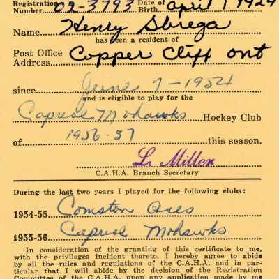 Hockey Player's Registration Certificate belonging to Henry Sbrega