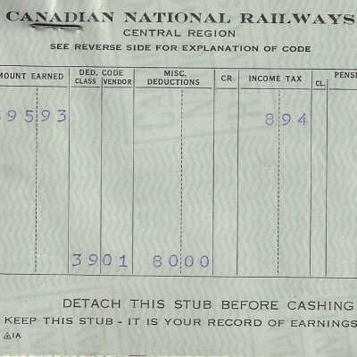 Canadian National Statement of Earnings and Deductions belonging to Frank Mazzuca