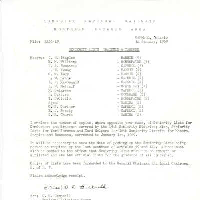 CN Rail- Seniority Lists - Trainmen and Yardmen, 15th Seniority District, Northern Ontario Division, February 12 - 1968