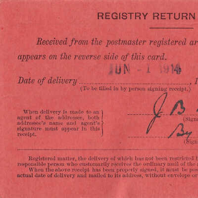 Registered Article Post Receipt, 39283, June 01 1914