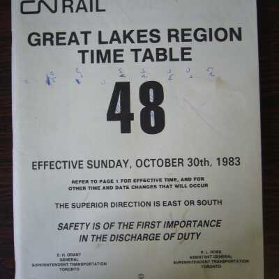 CN Rail Great Lakes Region Time Table 48, Effective Sunday, October 30th, 1983
