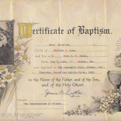 Photograph - Mary Margaret Land Certificate of Baptism 1931 at Milnet, ON