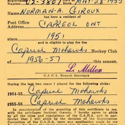Hockey Player's Registration Certificate belonging to Norman A. Giroux
