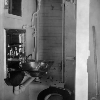 Photograph, Interior of the washroom of the Canadian National Railways and Express Car.