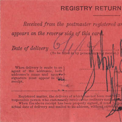 Registered Article Post Receipt, 39288, Sault Sainte Marie, Michigan, June 01 1914