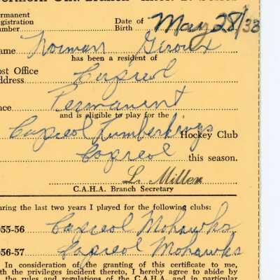 Hockey Player's Registration Certificate belonging to Norman Giroux