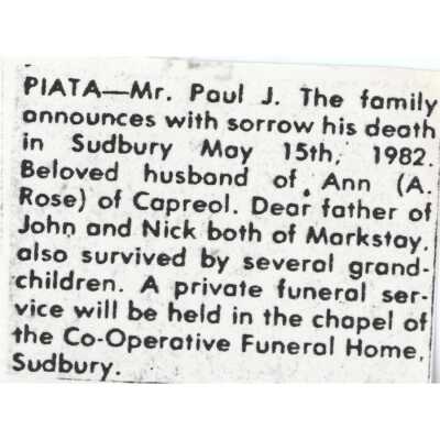 Document, Obituary, Paul J. Piata.