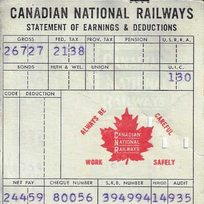 Canadian National Statement of Earnings and Deductions Belonging to Frank Mazzuca