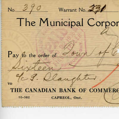 Cheque written to the Municipal Corporation of the Town of Capreol, 1935: from G. Slaughter