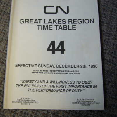 Canadian National Railways Timetable 44 Great Lakes Region December 9th 1990