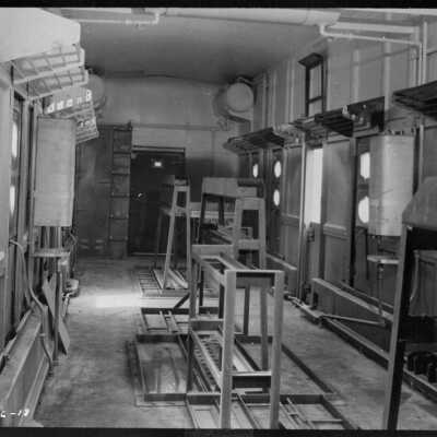 Photograph, Interior view of armoured car, Canadian National Railways Shops.