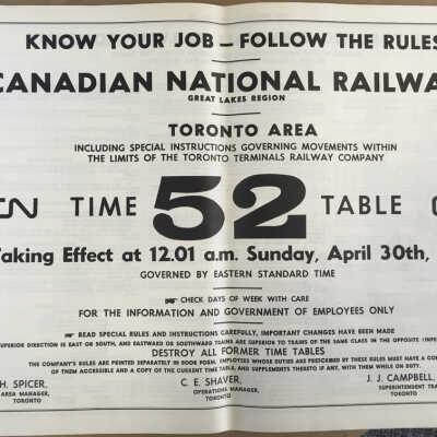 Canadian National Railways, Great Lakes Region, Toronto Area, including special instructions governing movements within the limits of the Toronto Terminals Railway Company, CN Timetable 52, 1961