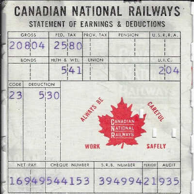Canadian National Statement of Earnings and Deductions belonging to Frank Mazzuca