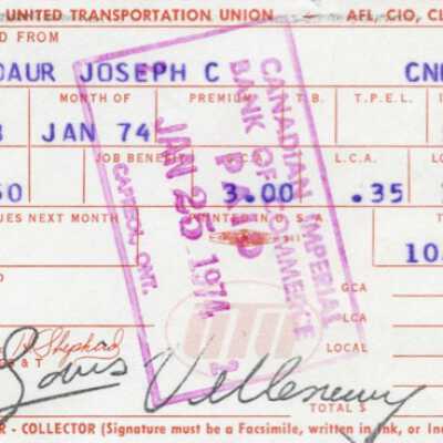 United Transportation Union, Lodge 1298, Receipt for Dues, Joseph C. Gaudaur, January 1974