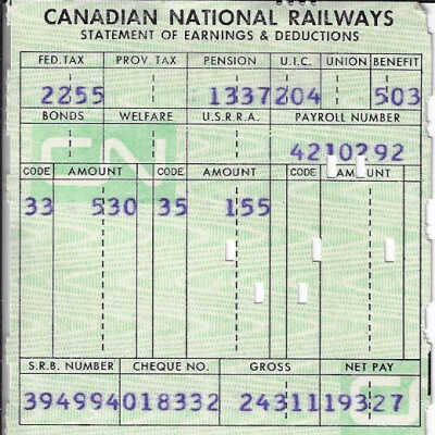 Canadian National Statement of Earnings and Deductions belonging to Frank Mazzuca