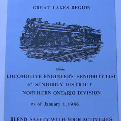 CN Rail Great Lakes Region Locomotive Engineer's Seniority List, 6th District, Northern Ontario Division, January 1986