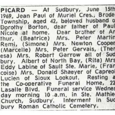 Document, Obituary, Jean Paul Picard.