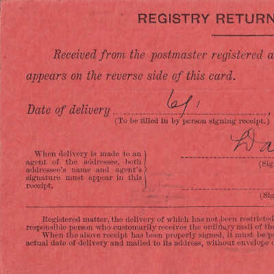 Registered Article Post Receipt, 39287, Wall Street Station, June 01 1914