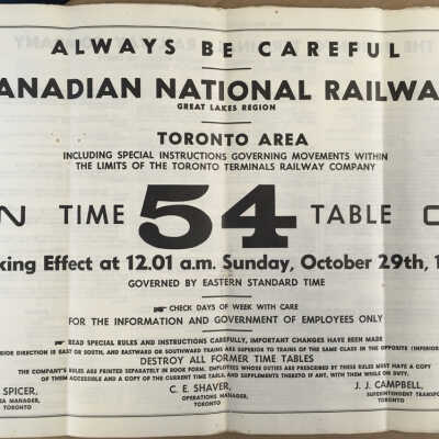 Canadian National Railways, Great Lakes Region, Toronto Area, including special instructions governing movements within the limits of the Toronto Terminals Railway Company, CN, Timetable 54, 1961