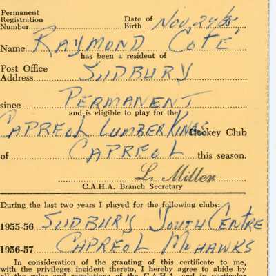 Hockey Player's Registration Certificate belonging to Raymond Cote