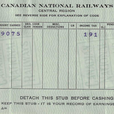 Canadian National Statement of Earnings and Deductions belonging to Frank Mazzuca