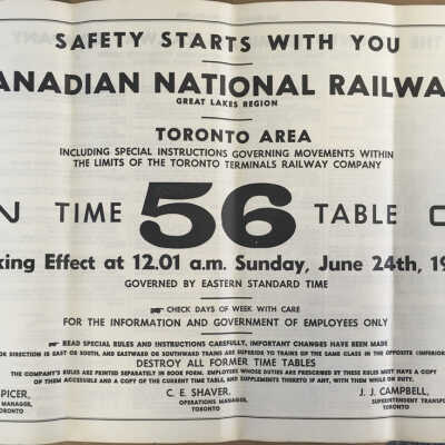 Canadian National Railways, Great Lakes Region, Toronto Area, including special instructions governing movements within the limits of the Toronto Terminals Railway Company, CN Timetable 56, 1962