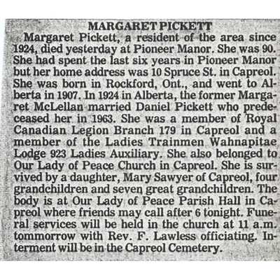 Document, Obituary, Margaret Pickett.