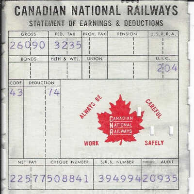 Canadian National Statement of Earnings and Deductions belonging to Frank Mazzuca