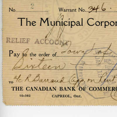 Cheque Written to the Municipal Corporation of the Town of Capreol, 1936 of R. Barroud