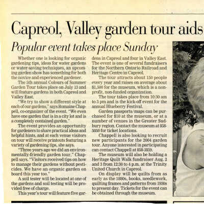"Capreol, Valley garden tour aids Capreol heritage museum" in Northern Life
