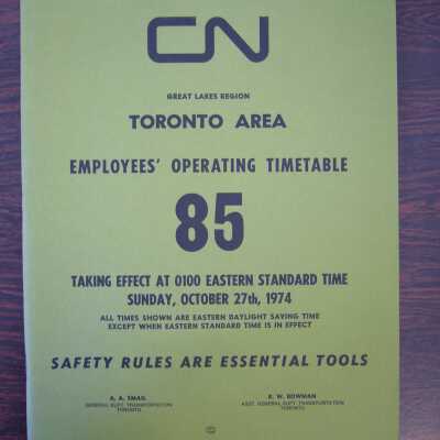 CN Great Lakes Region Toronto Area Employees' Operating Timetable 85, Taking Effect Sunday, October 27th, 1974