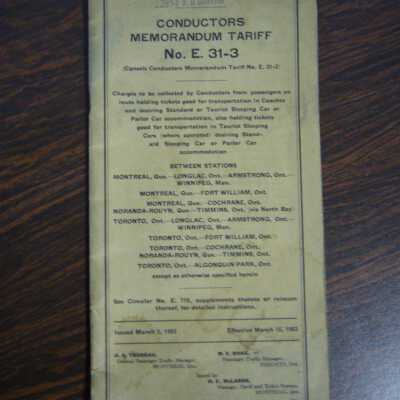 Canadian National Railways Conductors Memorandum Tariff No. E. 31-3, Issued March 2, 1953