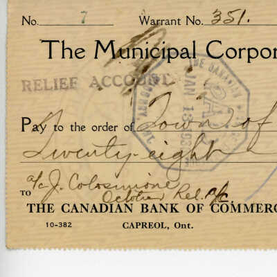Cheque Written to the Municipal Corporation of the Town of Capreol, 1936 of J. Colosumine