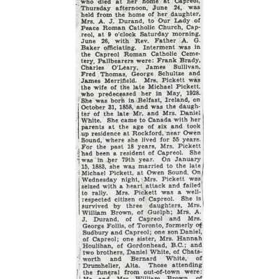 Document, Obituary, Mary Pickett.