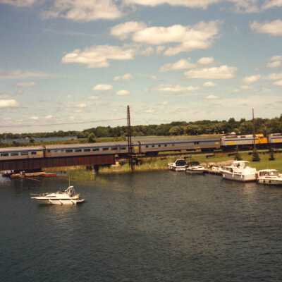 Photograph, CNR Orillia Station, Orillia, Ontario. Last VIA, Orillia, September 1996. Atherley Swing Bridge.
