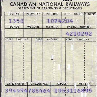 Canadian National Statement of Earnings and Deductions belonging to Frank Mazzuca