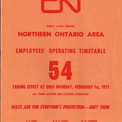 CN Northern Ontario Area Employees' Operating Timetable 54