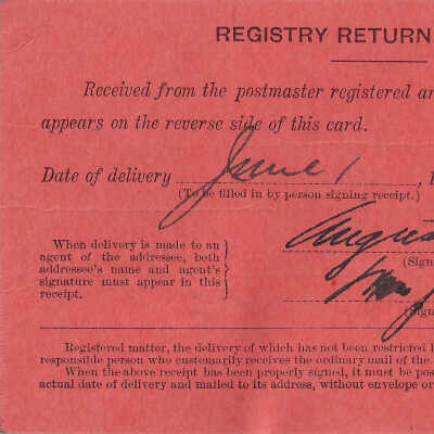 Registered Article Post Receipt, 39286, Augustus L. Hume, New York, New York, June 01 1914