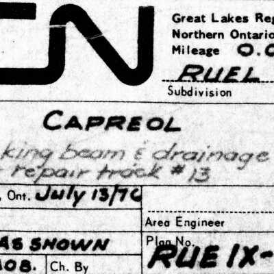 Canadian National: Plan to Install Jacking Beam and Draining for Repair Track #13 in Capreol, July 13, 1976