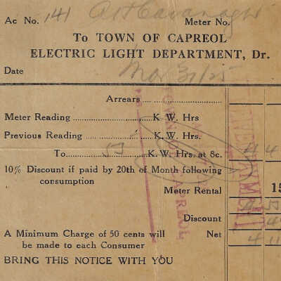 Town of Capreol Electric Lighting Department, Monthly Invoice: Art Cavanaught