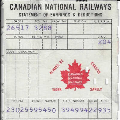 Canadian National Statement of Earnings and Deductions belonging to Frank Mazzuca