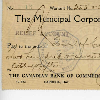 Cheque Written to the Municipal Corporation of the Town of Capreol, 1936 of October Helle
