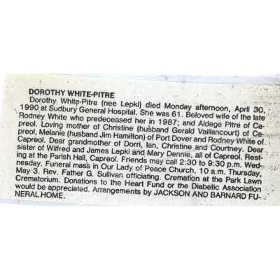 Document, Obituary, Dorothy White-Pitre.