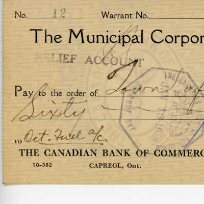 Cheque Written to the Municipal Corporation of the Town of Capreol, 1936 of Oct. Fuel a/c