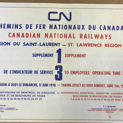 CN, Canadian National Railways, St. Lawrence Region, 13, Supplement to Employees' Operating Time Table, 1978