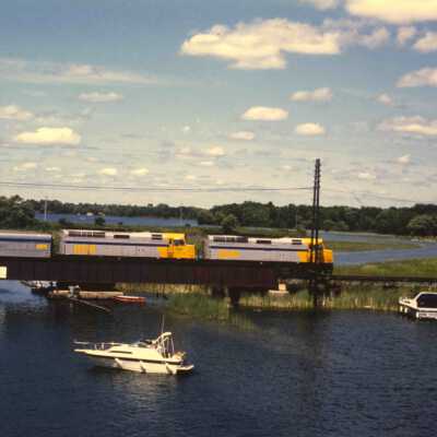 Photograph, CNR Orillia Station, Orillia, Ontario. Last VIA, Orillia, September 1996. Atherley Swing Bridge.