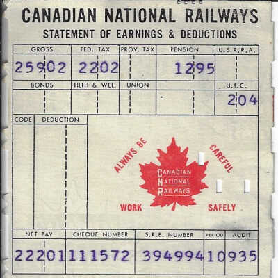 Canadian National Statement of Earnings and Deductions belonging to Frank Mazzuca