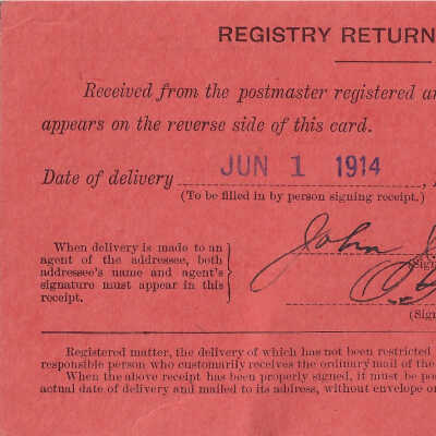 Registered Article Post Receipt, 39292, John J. Mitchell, Chicago, Illinois, June 01 1914