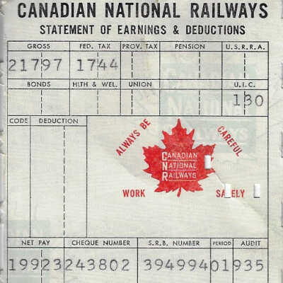 Canadian National Statement of Earnings and Deductions Belonging to Frank Mazzuca
